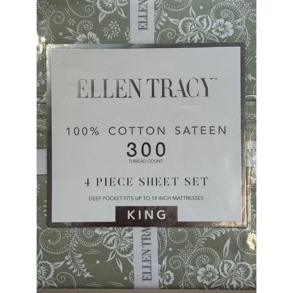 Ellen Tracy 100% Cotton Sateen 4PC KING Sheet Set Green White Floral Paisley